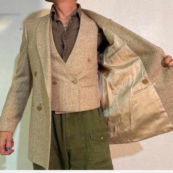1960s George Lawrence Vintage Mens Tweed 38R Double Breasted Blazer Vest Beige
